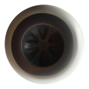 Bottom view of a tan softball bat with a black end cap featuring a ribbed design and the Marucci logo.