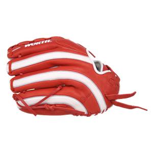 Side view of a red baseball glove with white stripes and WORTH text.