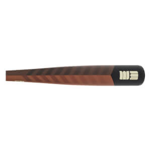 Side view of the baseball bat barrel featuring a brown chevron pattern and a black end cap with a cream Warhawk logo.