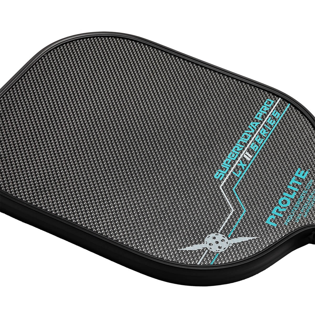 Corner view of a black pickleball paddle with a carbon fiber surface, PROLITE text, and SUPERNOVA PRO LX II SERIES text.