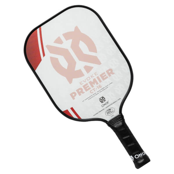Top-down view of a white pickleball paddle with red accents, EVOKE PREMIER CT-16 text, and an Onix logo.
