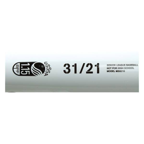 Close-up of a white baseball bat with black text including BPF 1.15, USSSA, 31/21, and MODEL MSB210.