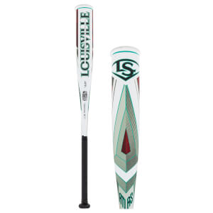 Full view and barrel close-up of a white Louisville Slugger Atlas baseball bat with green branding, black grip, and geometric design.