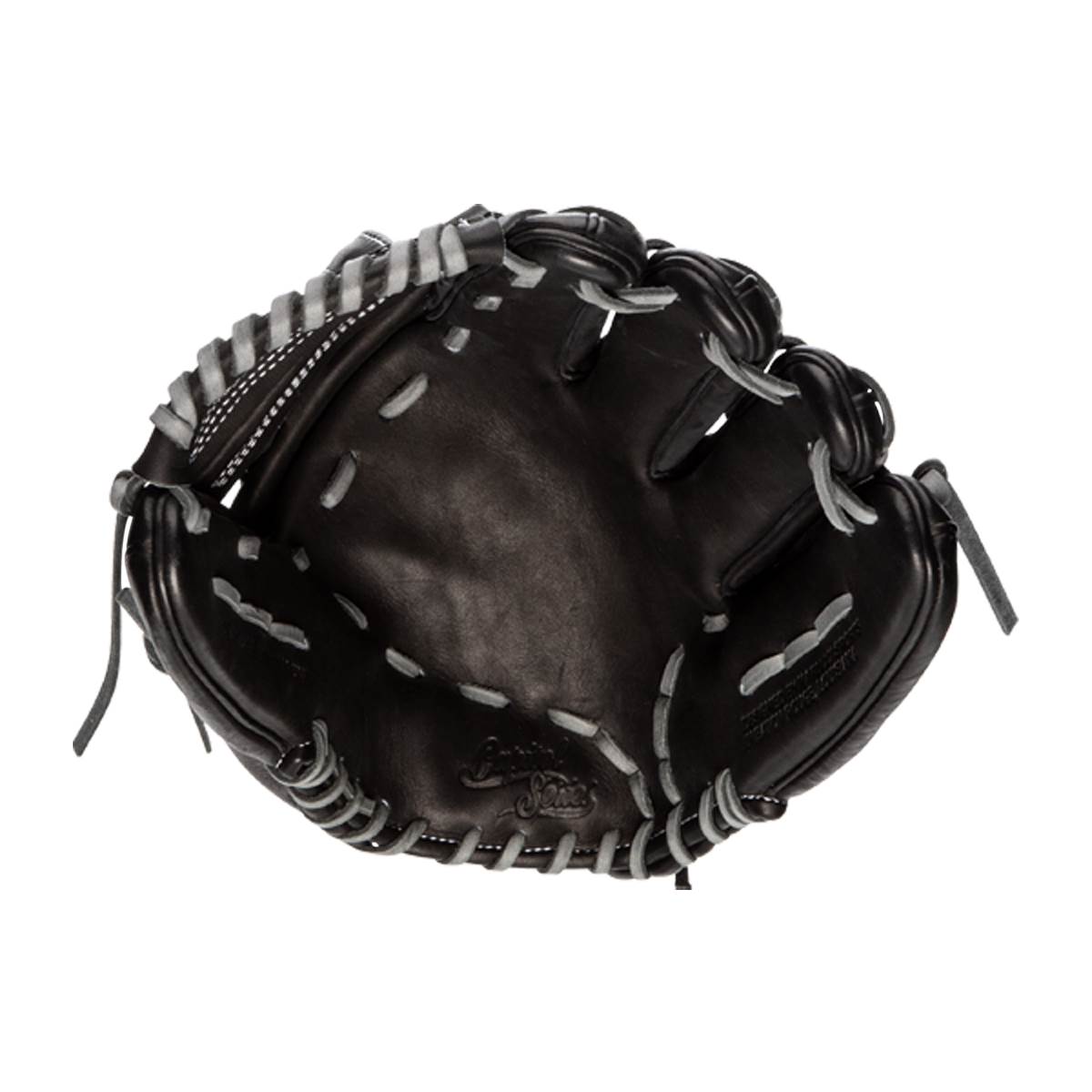 Top-down view of a black baseball glove with grey stitching and Capitol Series embossed on the palm.