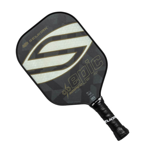 Top-down view of a black pickleball paddle with a large white S graphic, epic text, and a black grip.