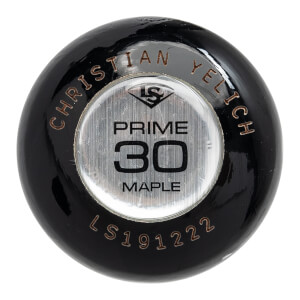 Top-down view of a black bat end with a silver insert showing PRIME 30 MAPLE and CHRISTIAN YELICH engraved.