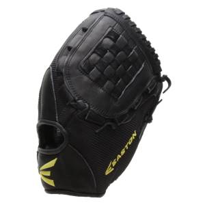 Side view of a black softball glove with a woven palm and yellow Easton branding.