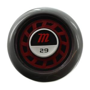 End view of a black baseball bat with a red and white logo and the number 29.