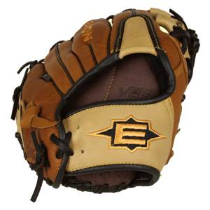 Top-down view of a brown and tan baseball glove with NATURAL ELITE embossed and an E logo.