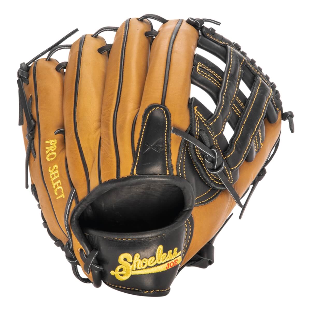 Front view of a tan and black baseball glove with PRO SELECT and Shoeless JOE branding.