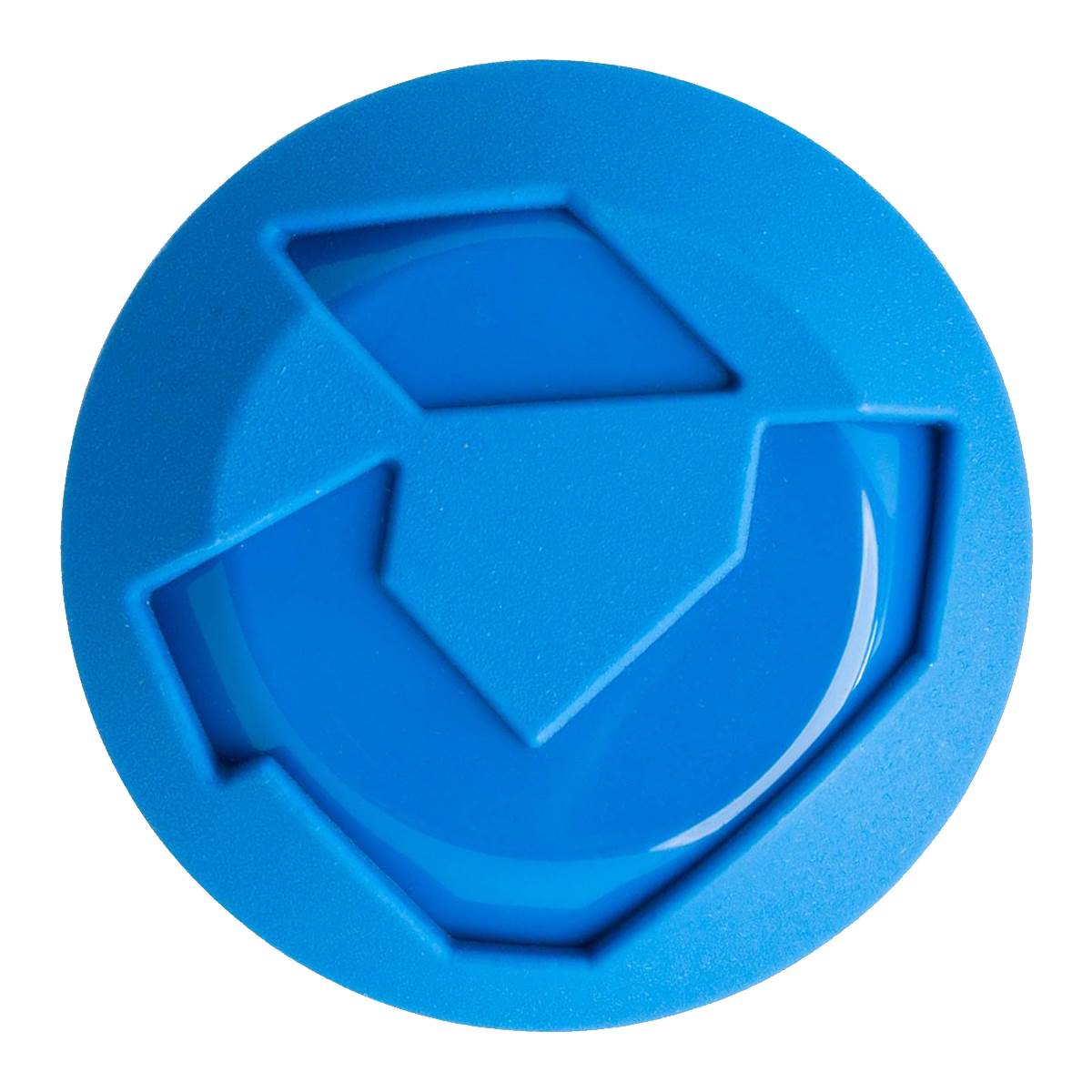 Top-down view of a blue bat end cap with a raised geometric logo.