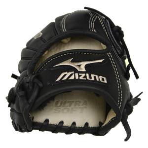 Front view of a black baseball glove with white stitching, Mizuno logo, and ULTRA SOFT text.