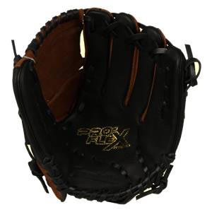 Front view of a black baseball glove with gold PRO FLEX lettering and brown interior.