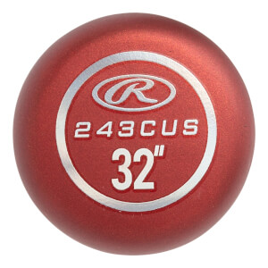 End view of a red baseball bat with a silver Rawlings logo, 243CUS, and 32.
