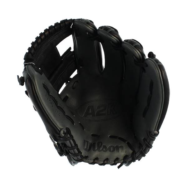 Inside view of a black baseball glove with A2K and Wilson branding.