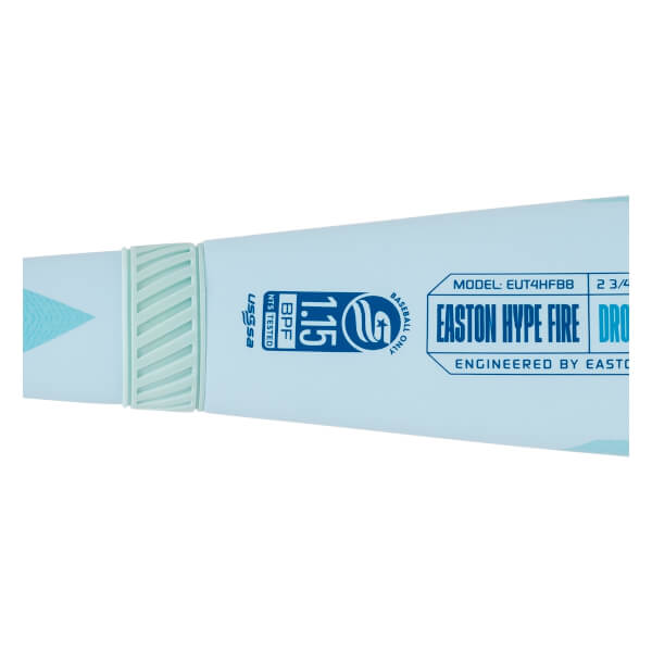 Close-up of a light blue Easton Hype Fire baseball bat with USSSA and 1.15 BPF markings.