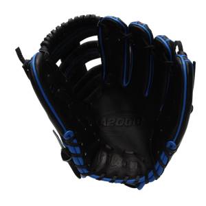 Top-down view of a black baseball glove with blue lacing and A2000 embossed on the palm.