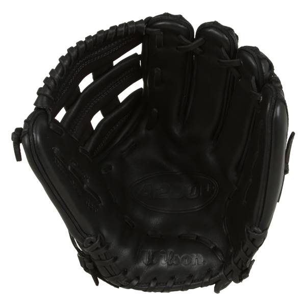 Top-down view of a black Wilson A2000 glove with A2000 embossed on the palm and Wilson on the wrist strap.