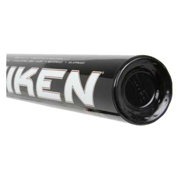 End view of a black Miken softball bat with white IKEN branding and ISA APPROVED text.