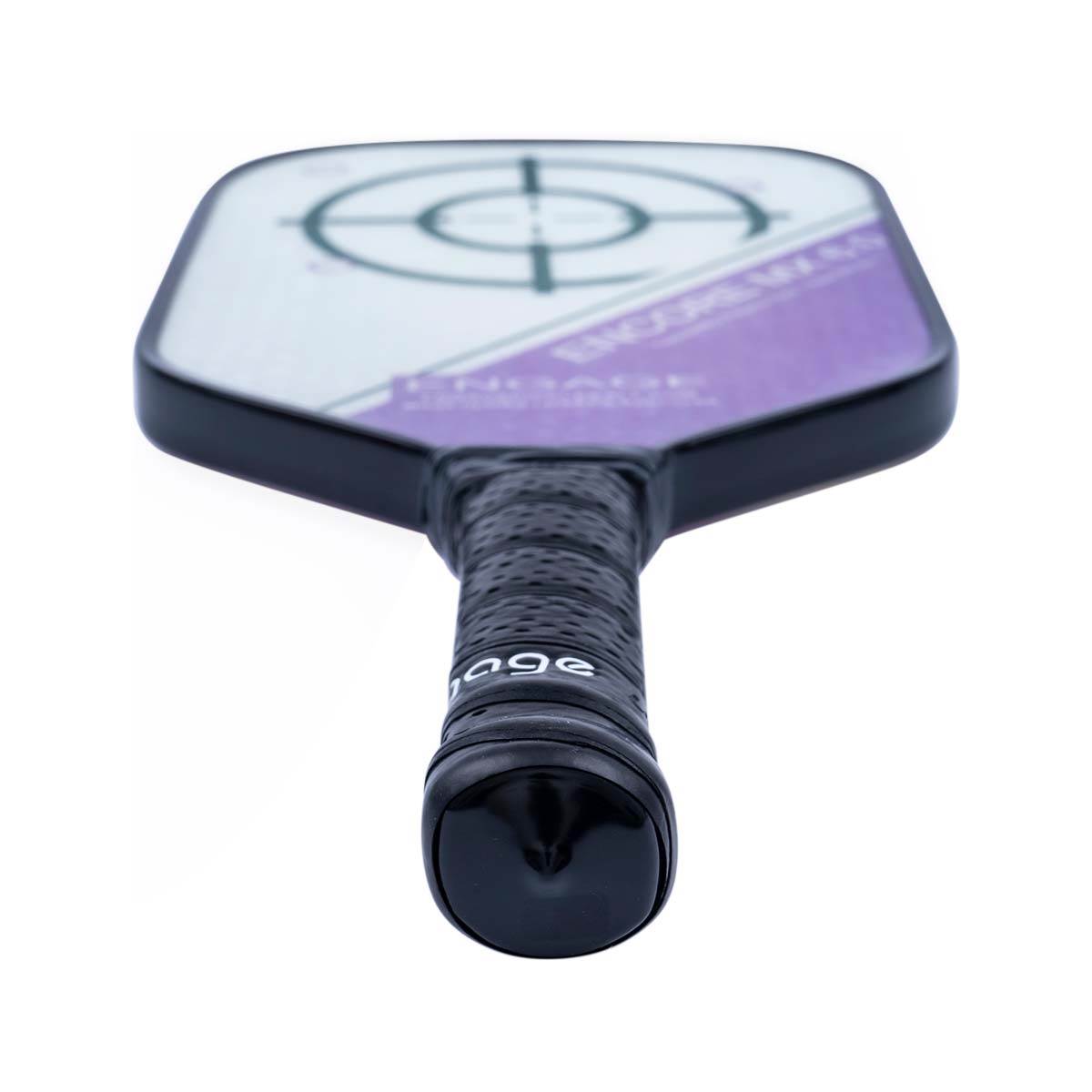 Top-down view of a white pickleball paddle with a target design and purple accents.