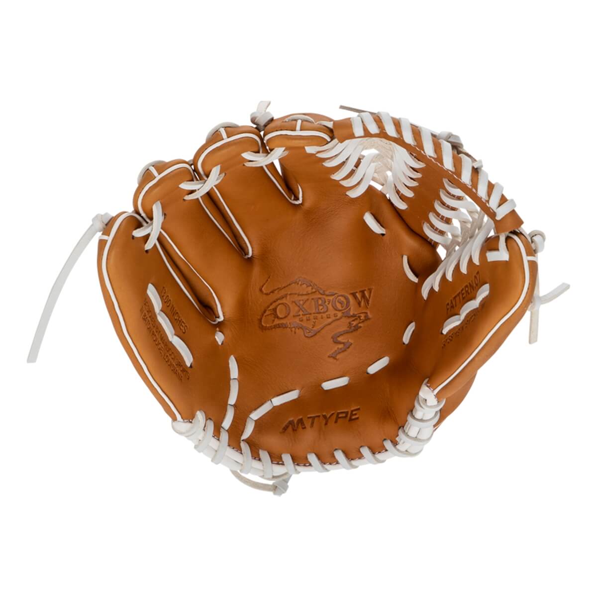 Front view of a brown leather baseball glove with white laces featuring OXBOW SERIES, MTYPE, and 13.00 INCHES printed on the palm.