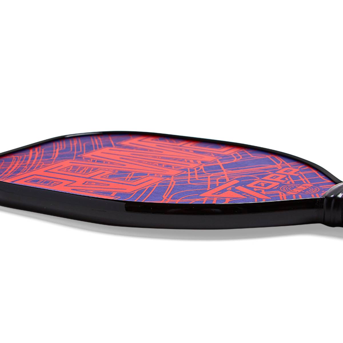 Side view of a black pickleball paddle with a red and blue circuit board design.