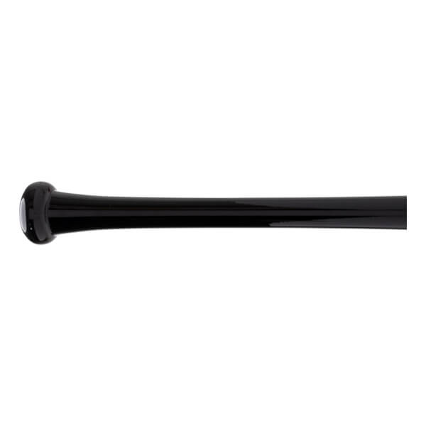 Side view of a black baseball bat handle with a glossy finish and a white detail on the rounded knob.