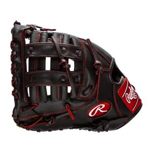 Side view of a black baseball glove with red stitching and a red Rawlings logo patch.