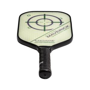 Top-down view of a white pickleball paddle with a target design, Maverick text, and black grip.