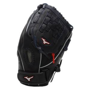 Side view of a navy baseball glove with white stitching and red accents.