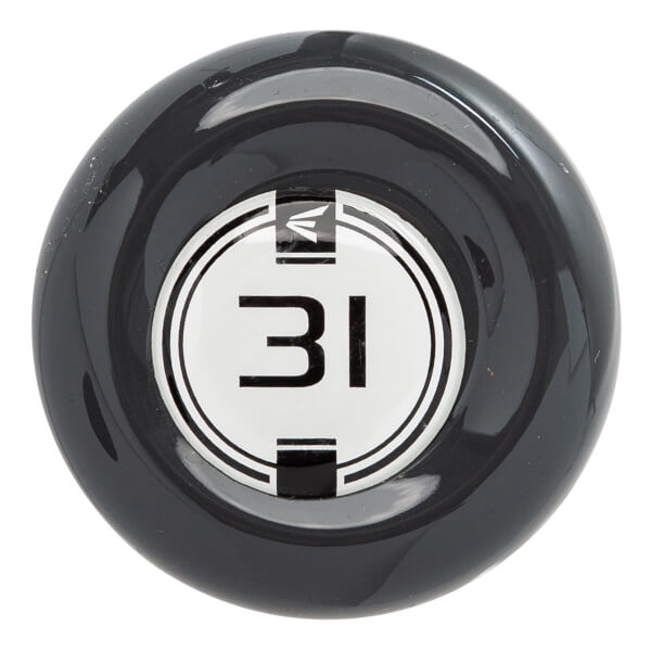 Top-down view of a black bat end cap with a white circular design featuring a black 31 and Easton logo.