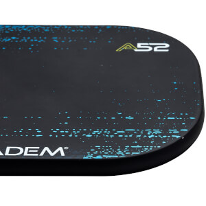 Corner view of a black pickleball paddle with blue speckle design and A52 branding.