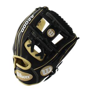 Top-down view of a black and tan baseball glove with A2000 and Wilson branding.