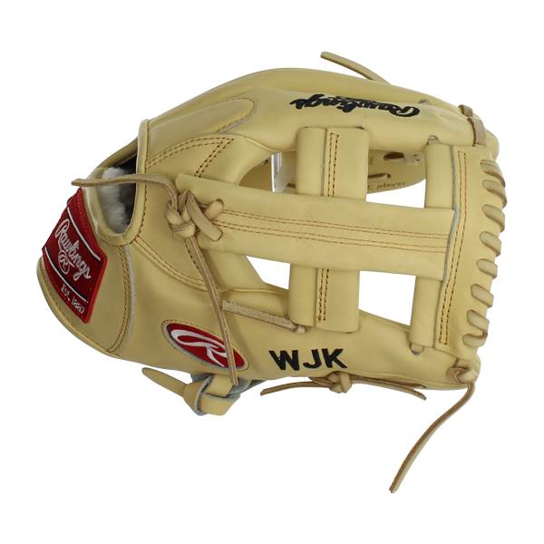 Side view of a tan baseball glove with a red Rawlings logo and WJK embroidered.