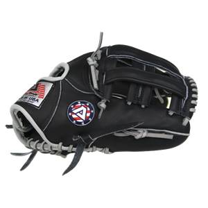 Side view of a black baseball glove with a red, white, and blue logo and MADE IN USA text.