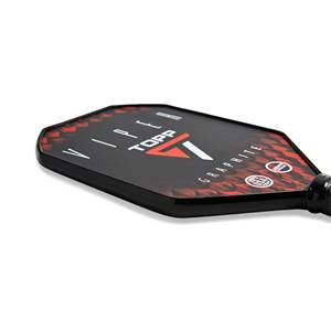 Side view of a black pickleball paddle with red geometric accents, VIPER and TOPP branding, and GRAPHITE text.