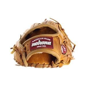 Front view of a tan baseball glove with a maroon Nokona label and a circular emblem.