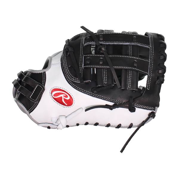 Side view of a black and white Rawlings first base mitt with red R logo and white stitching.