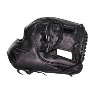 Side view of a black baseball glove with Easton branding and black lacing.