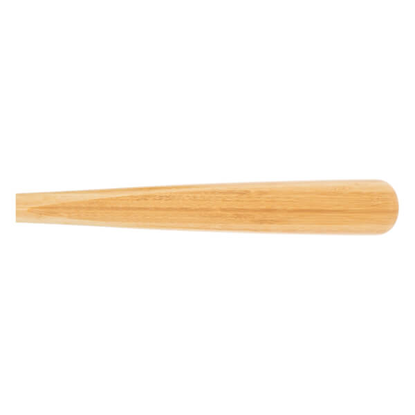 Side view of a natural wood baseball bat with a rounded end and visible wood grain.