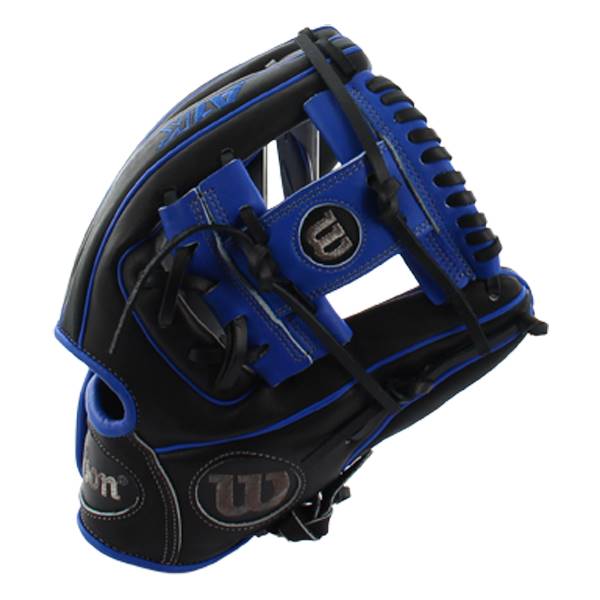 Side view of a black and blue baseball glove with Wilson text and W logos.