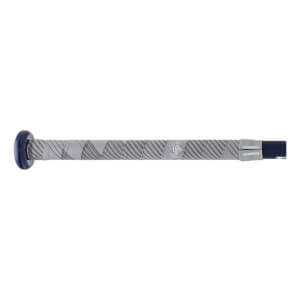 Close-up of a gray softball bat handle with diagonal dark gray stripes, a dark blue knob, and Rawlings text.