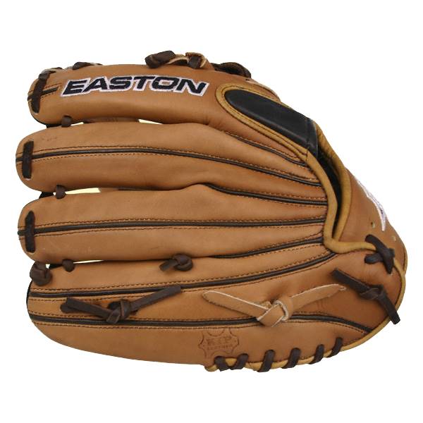 Top-down view of a tan baseball glove with EASTON branding and KIP LEATHER stamp.