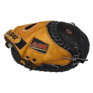 Top-down view of a tan and black catchers mitt with ALL-STAR branding and black lacing.