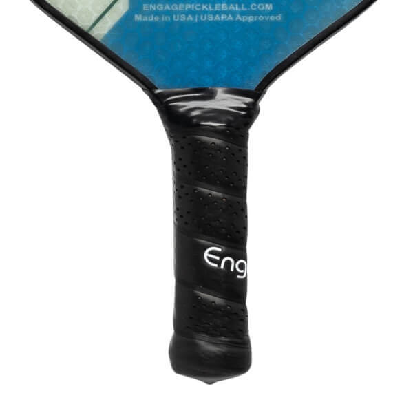 Close-up of a black pickleball paddle grip with perforations and the Eng logo.