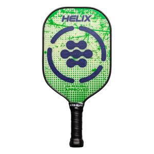 Front view of a green pickleball paddle with blue HELIX logo and USA Pickleball Approved text.