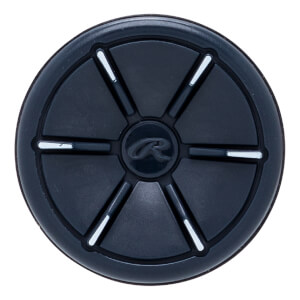 Top-down view of a dark blue softball bat end cap with a Rawlings logo and white accent lines.