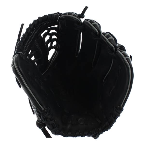 Top-down view of a black baseball glove with white stitching and a webbed pocket.
