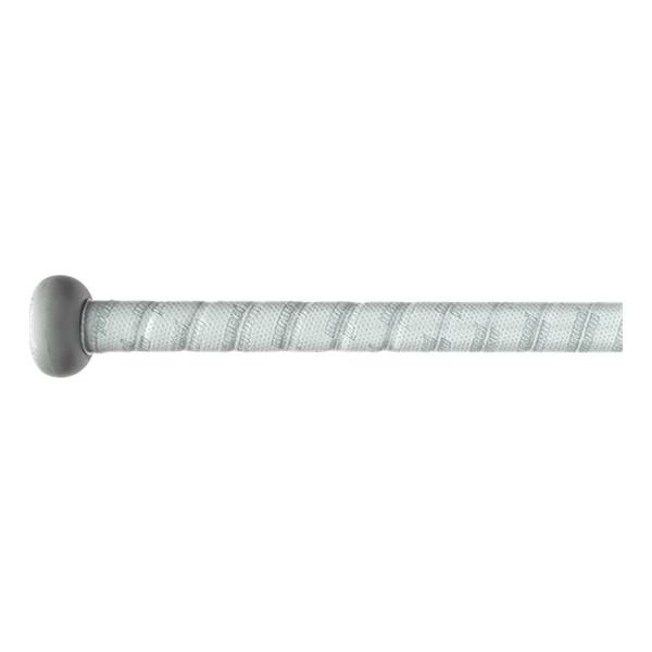Close-up of a grey baseball bat handle with a grey knob and a light grey textured, spiral-wrapped grip.