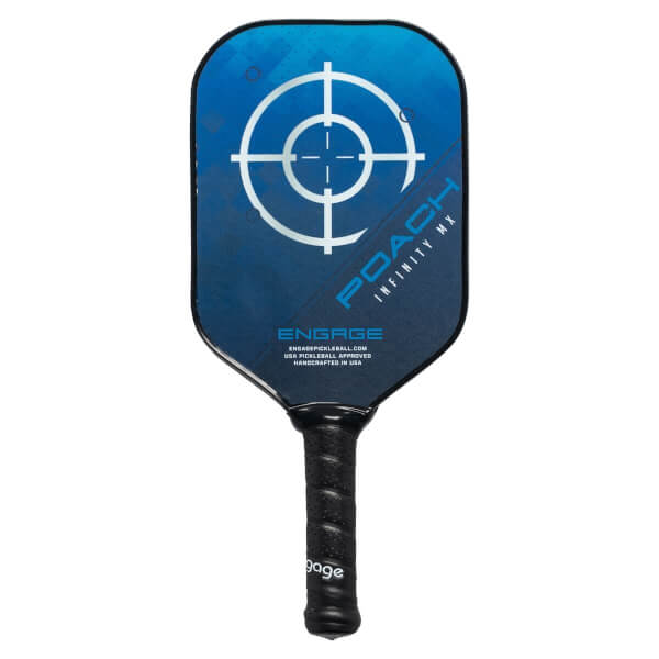 Front view of a blue pickleball paddle with a target design, POACH INFINITY MX text, and ENGAGE logo.